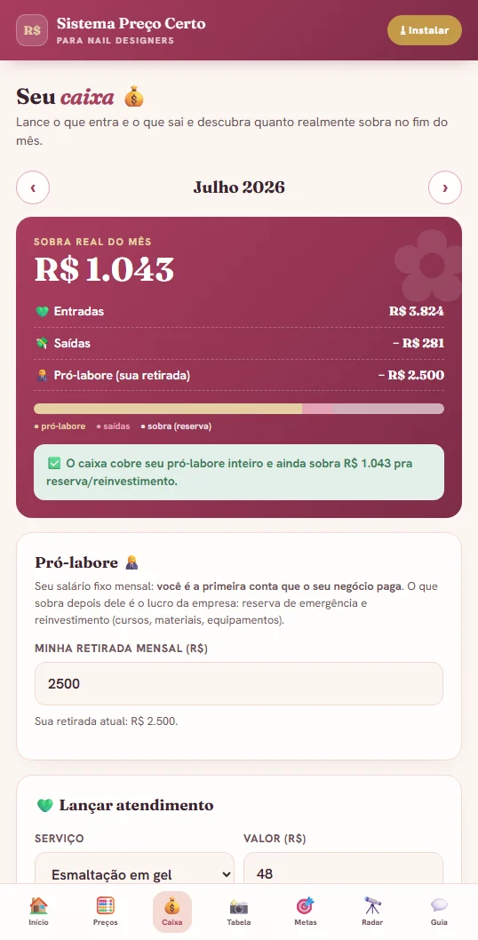 Caixa do mês com entradas, saídas e pró-labore