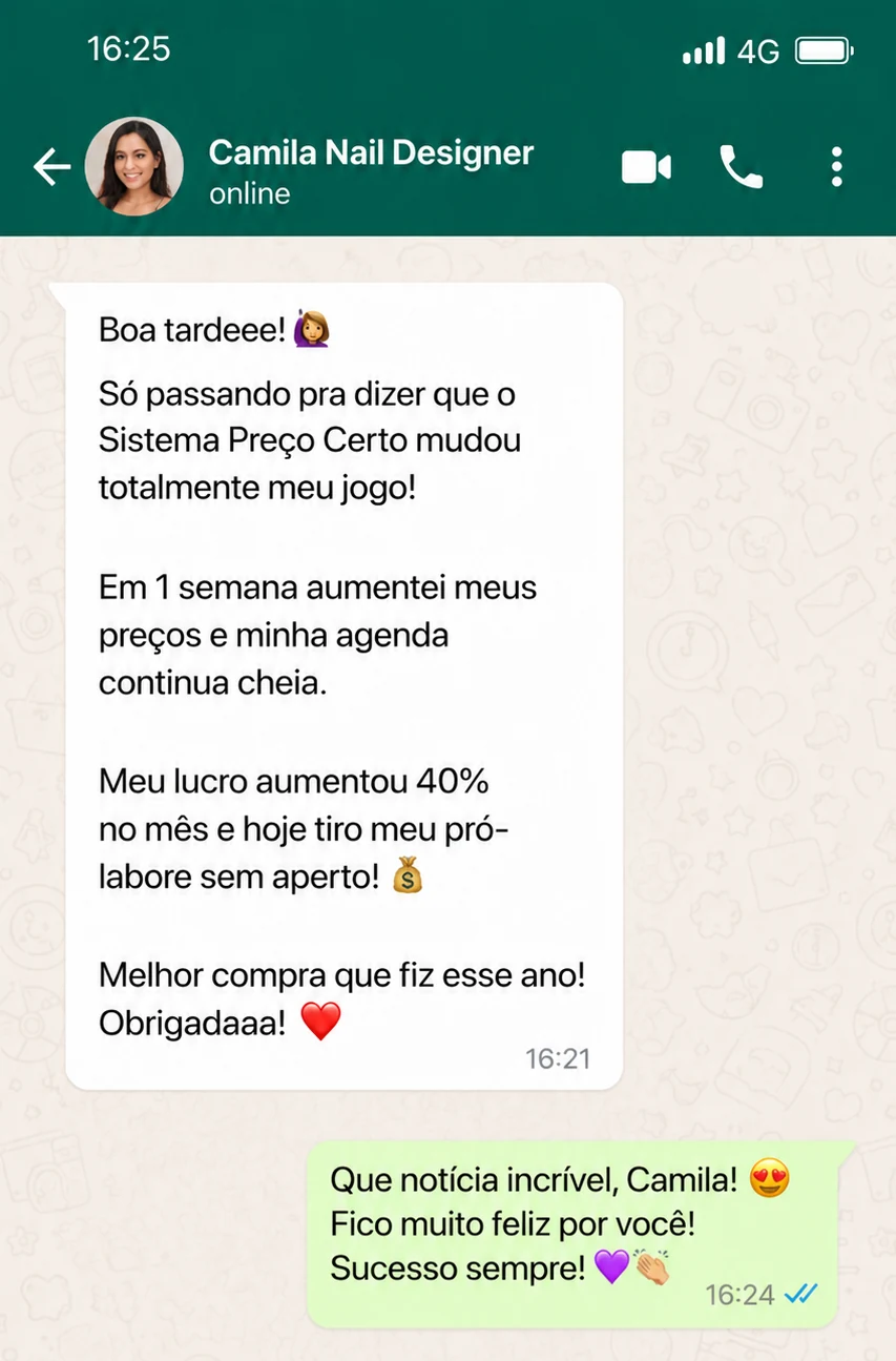 Print de conversa no WhatsApp: depoimento da Camila, nail designer, sobre o Sistema Preço Certo