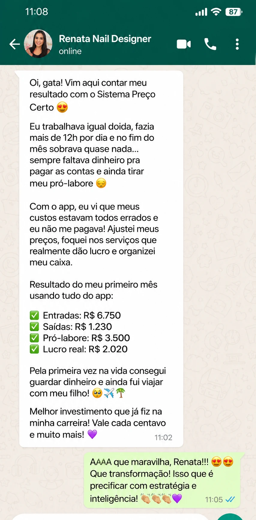 Print de conversa no WhatsApp: depoimento da Renata, nail designer, sobre o Sistema Preço Certo