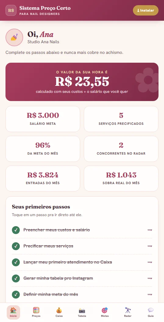 Painel do app com o valor da hora calculado