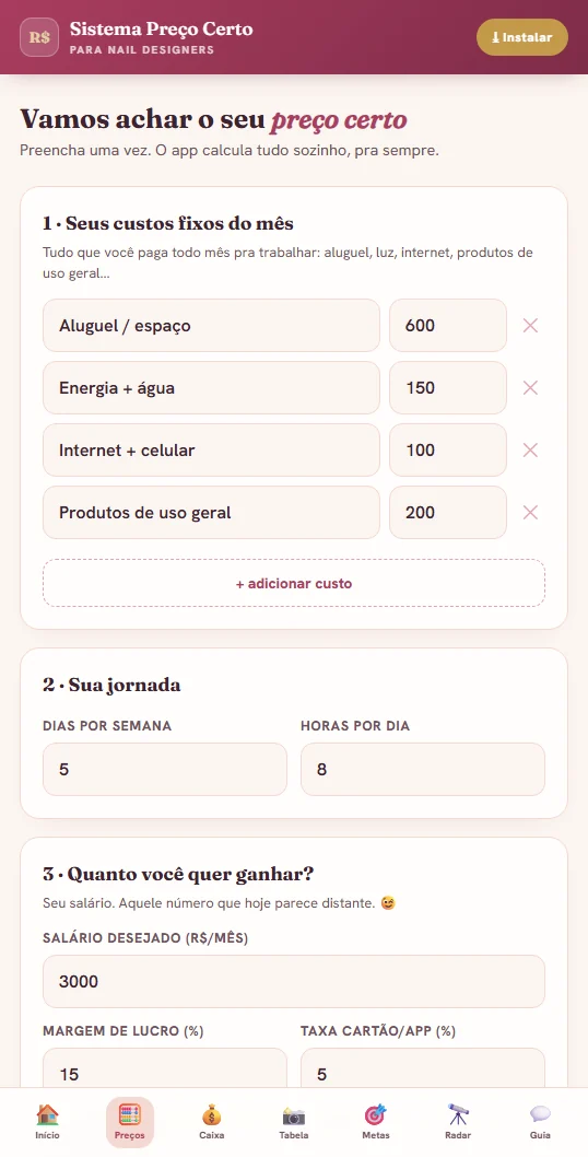 Tela de precificação com custos e serviços