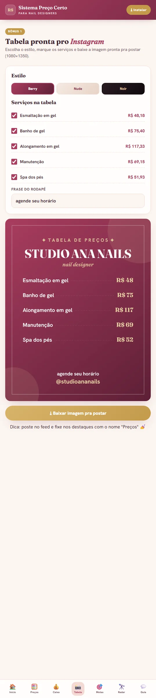 Gerador da tabela de preços pro Instagram